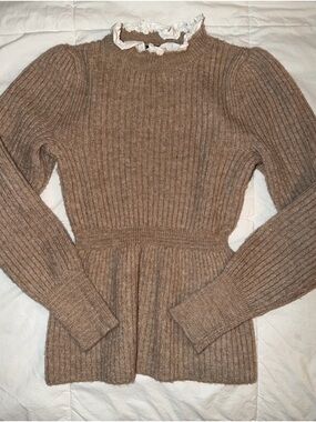 Anthropologie Brown Ribbed Peplum Sweater